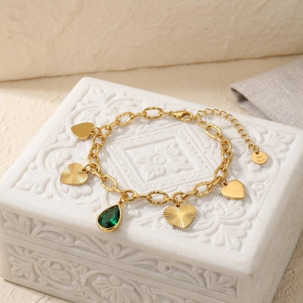 Emerald Heart Charm Anti Tarnish Gold Plated Bracelet for Women