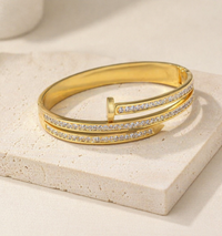 Nail Design Anti-Tarnish Gold Plated Bangle Bracelet for Women - Adjustable Zircon Studded Bracelet