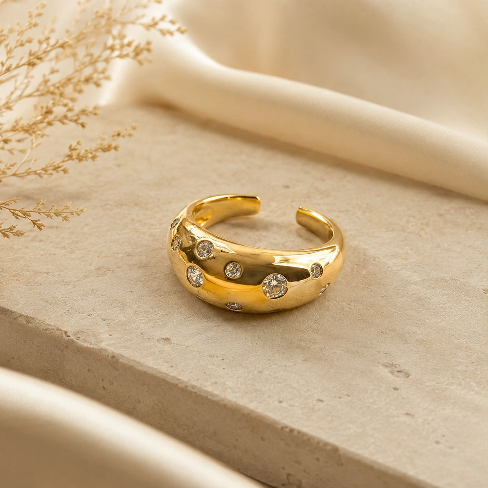 Chunky Dome Scattered Crystal Ring | Anti Tarnish Gold Plated Adjustable Ring