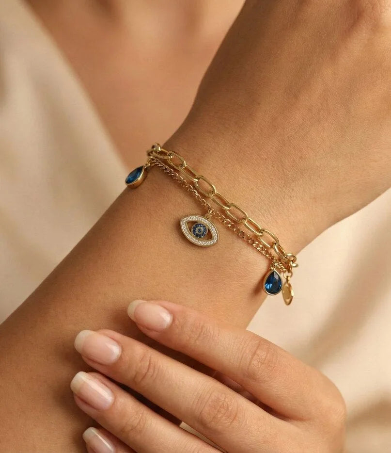 Evil Eye Blue Stone Layered Bracelet - Anti Tarnish Gold Plated Chain