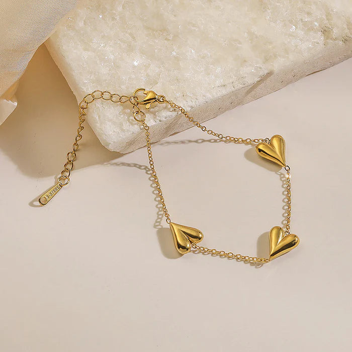 Triple Heart Charm Anti-Tarnish Gold Plated Bracelet for Women