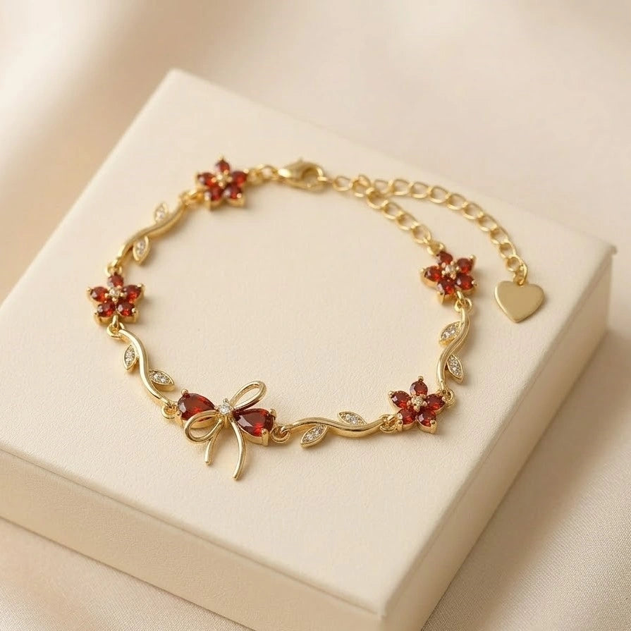 Orange Stone Bow & Floral Bracelet - Anti Tarnish Gold Plated-Tulip
