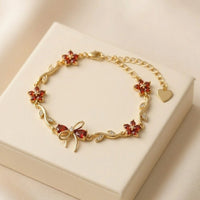 Orange Stone Bow & Floral Bracelet - Anti Tarnish Gold Plated-Tulip