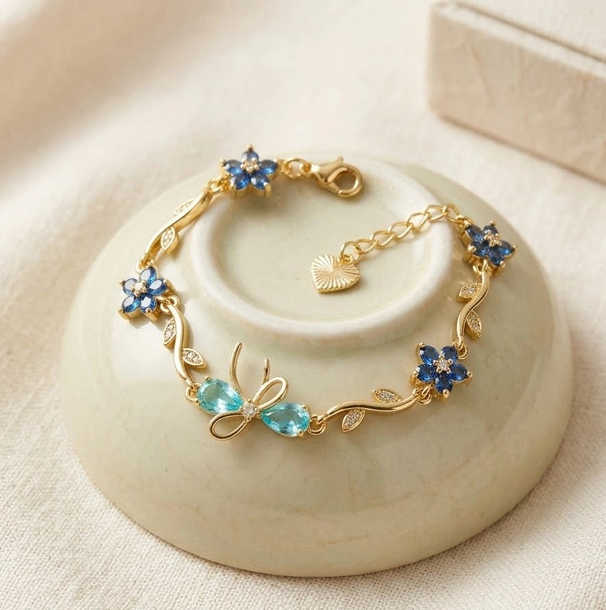 Blue Floral Butterfly Bracelet - Anti Tarnish Gold Plated Vine Design-Tulip
