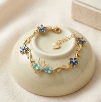 Blue Floral Butterfly Bracelet - Anti Tarnish Gold Plated Vine Design-Tulip
