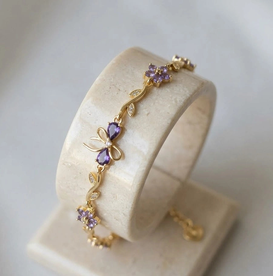 Purple Stone Bow & Floral Vine Bracelet - Anti-Tarnish Gold Plated
