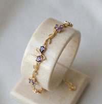 Purple Stone Bow & Floral Vine Bracelet - Anti-Tarnish Gold Plated