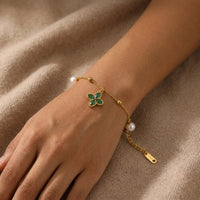 Four-Leaf Clover Green Stone Bracelet - Anti-Tarnish Gold-Plated with Pearl Charms