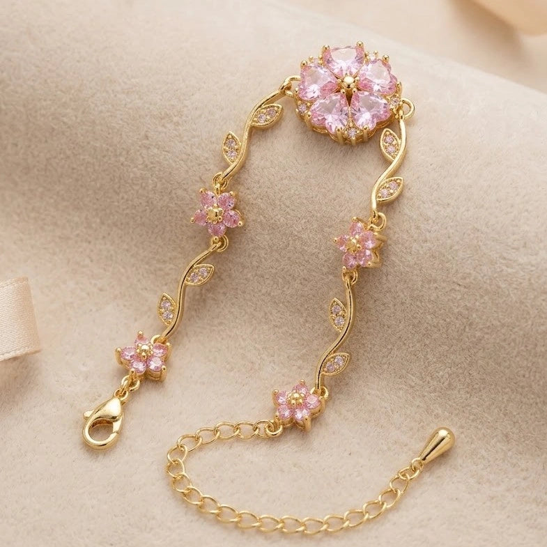Tulip Pink Crystal Flower Vine Bracelet - Anti Tarnish Gold Plated
