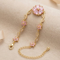 Tulip Pink Crystal Flower Vine Bracelet - Anti Tarnish Gold Plated