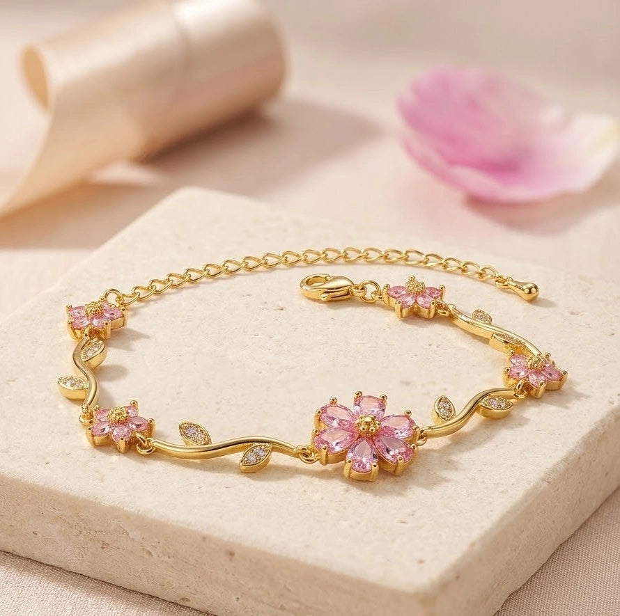 Pink Floral Cherry Blossom Anti-Tarnish Gold Plated Bracelet