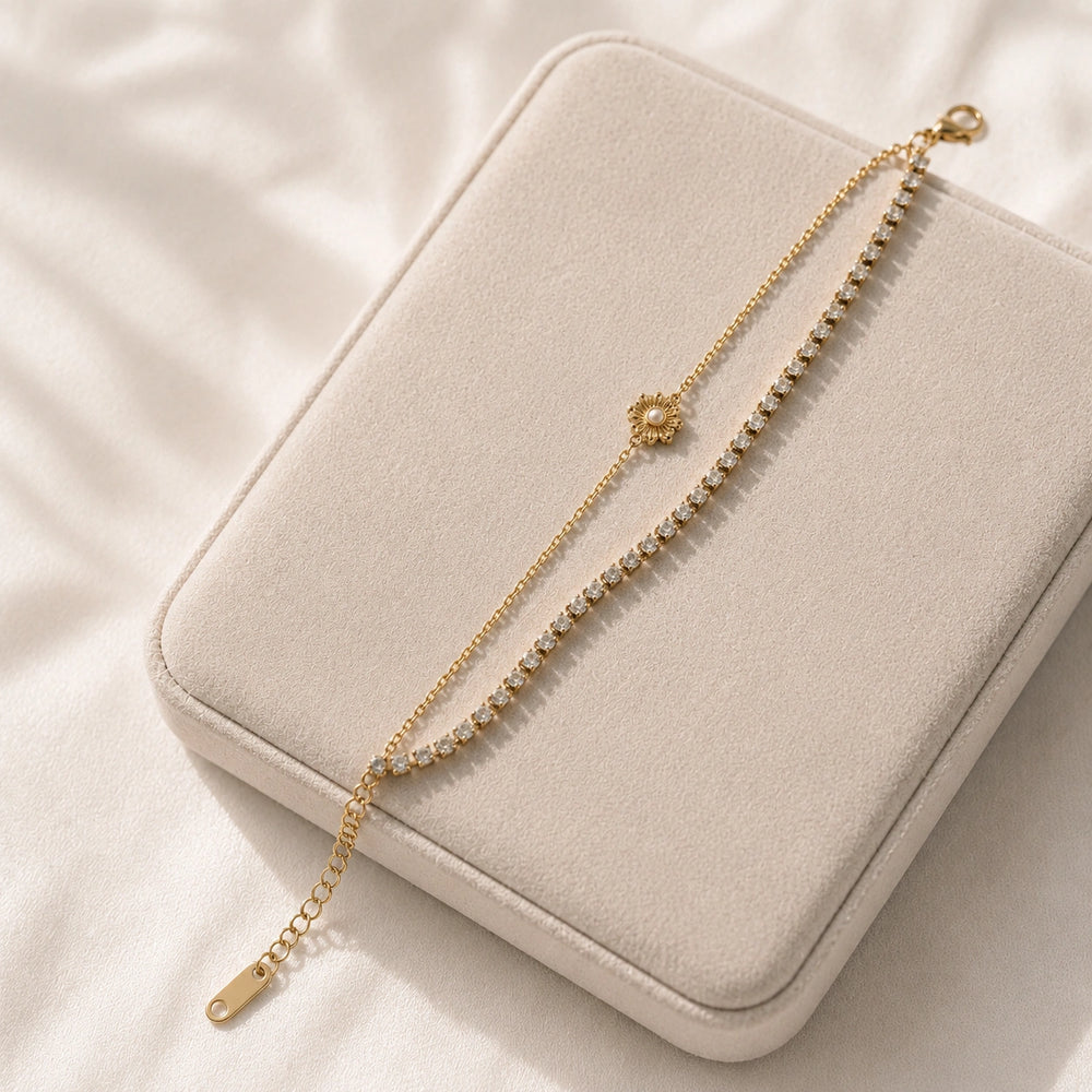 Double Layer Floral Charm Anti Tarnish Gold Plated Bracelet