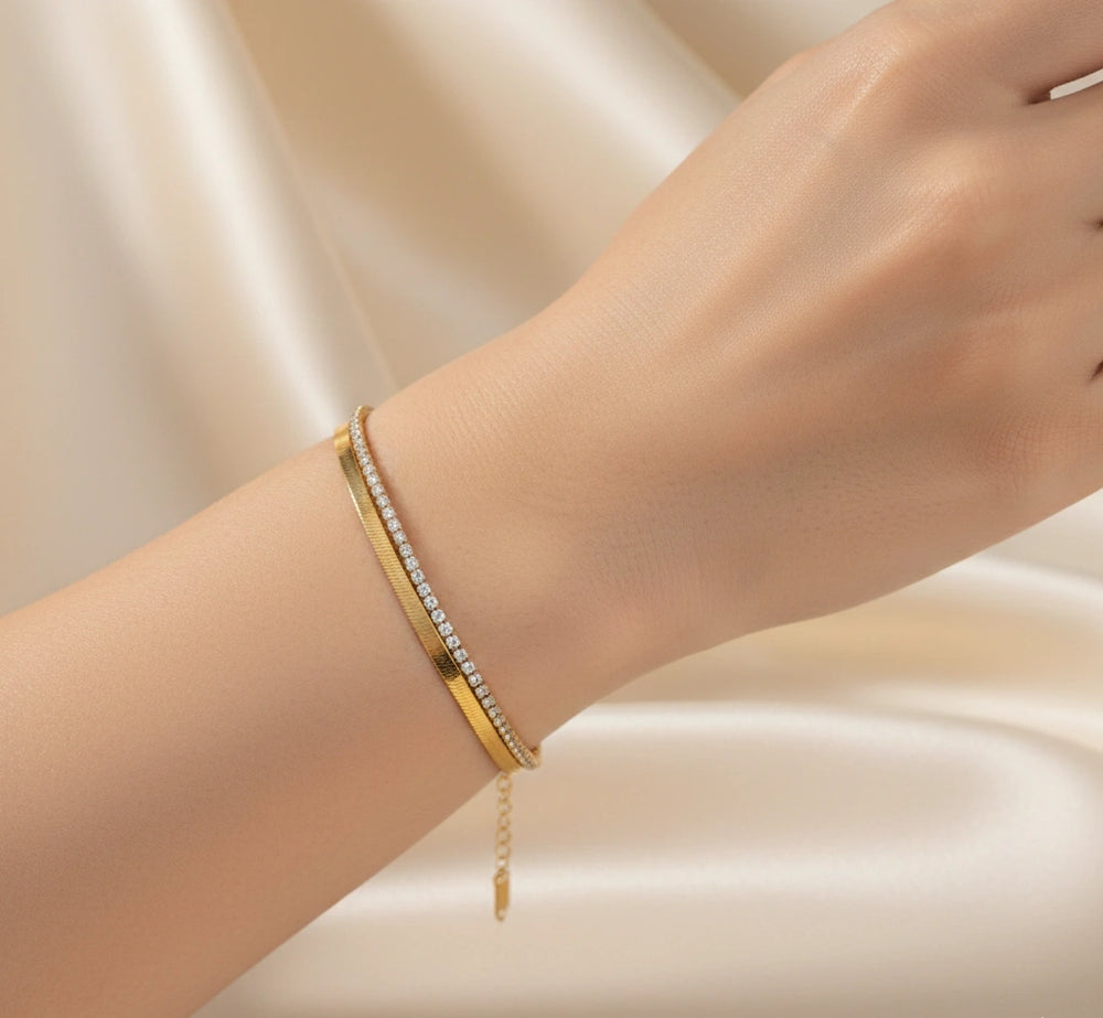 Anti-Tarnish Layered Herringbone & Tennis Bracelet | 18K Gold Plated