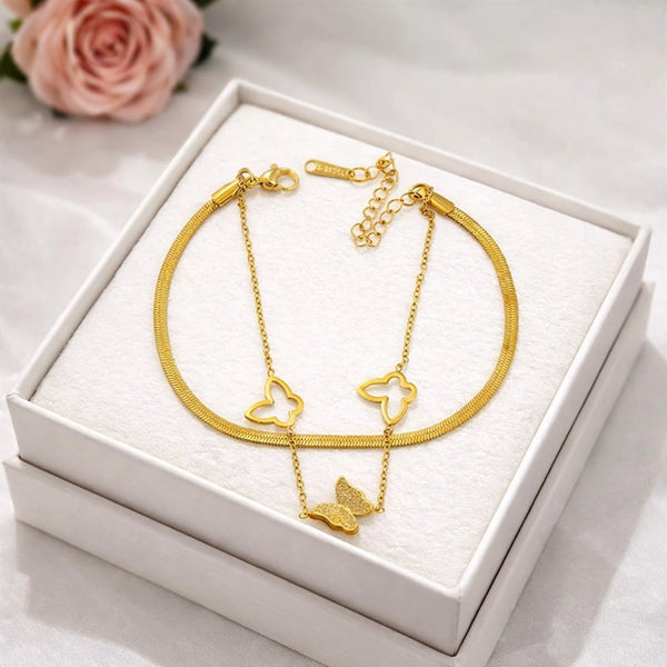 View of the secure lobster clasp and adjustable extension chain on a high-quality anti-tarnish gold-toned delicate bracelet.