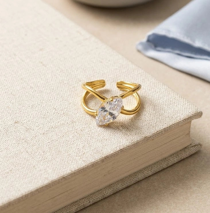 Anti-Tarnish Marquise Cut Gold Plated Adjustable Ring | Criss-Cross Open Design