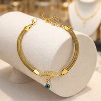 Evil Eye & Leaf Charm Snake Chain Bracelet | Anti-Tarnish Gold Plated