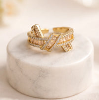 Designer Criss Cross Baguette Ring - Adjustable Gold Plated Fashion Jewelry
