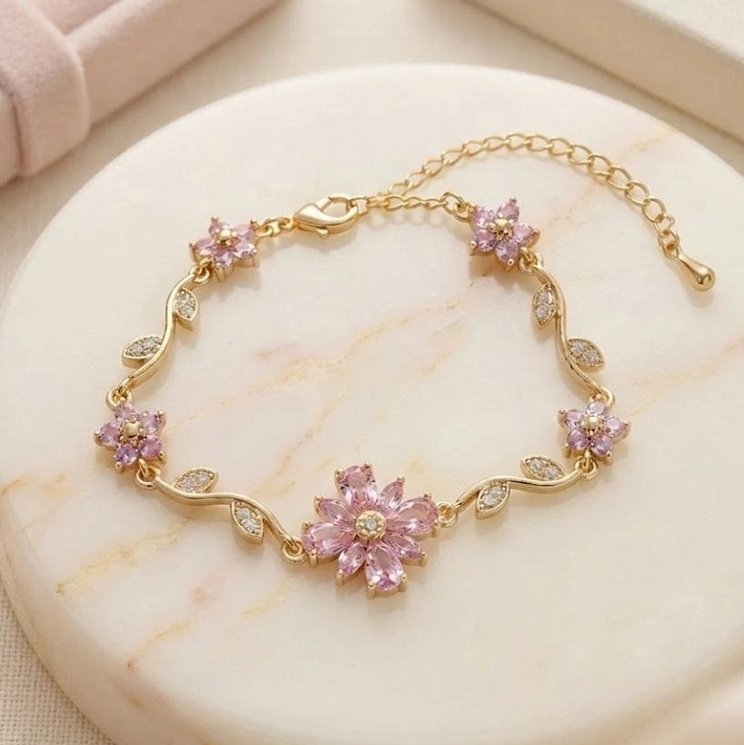 Pink Floral Vine Anti-Tarnish Gold-Plated Bracelet for Women