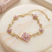 Pink Floral Vine Anti-Tarnish Gold-Plated Bracelet for Women