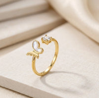 Korean Gold Butterfly Open Ring with Crystal - High Quality Fashion Jewelry