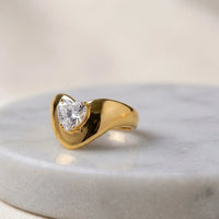 Anti-Tarnish Gold Plated Heart Ring | Adjustable CZ Statement Ring
