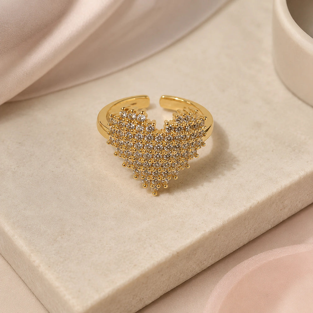 Anti-Tarnish Gold Plated CZ Heart Ring | Adjustable Statement Jewelry for Women