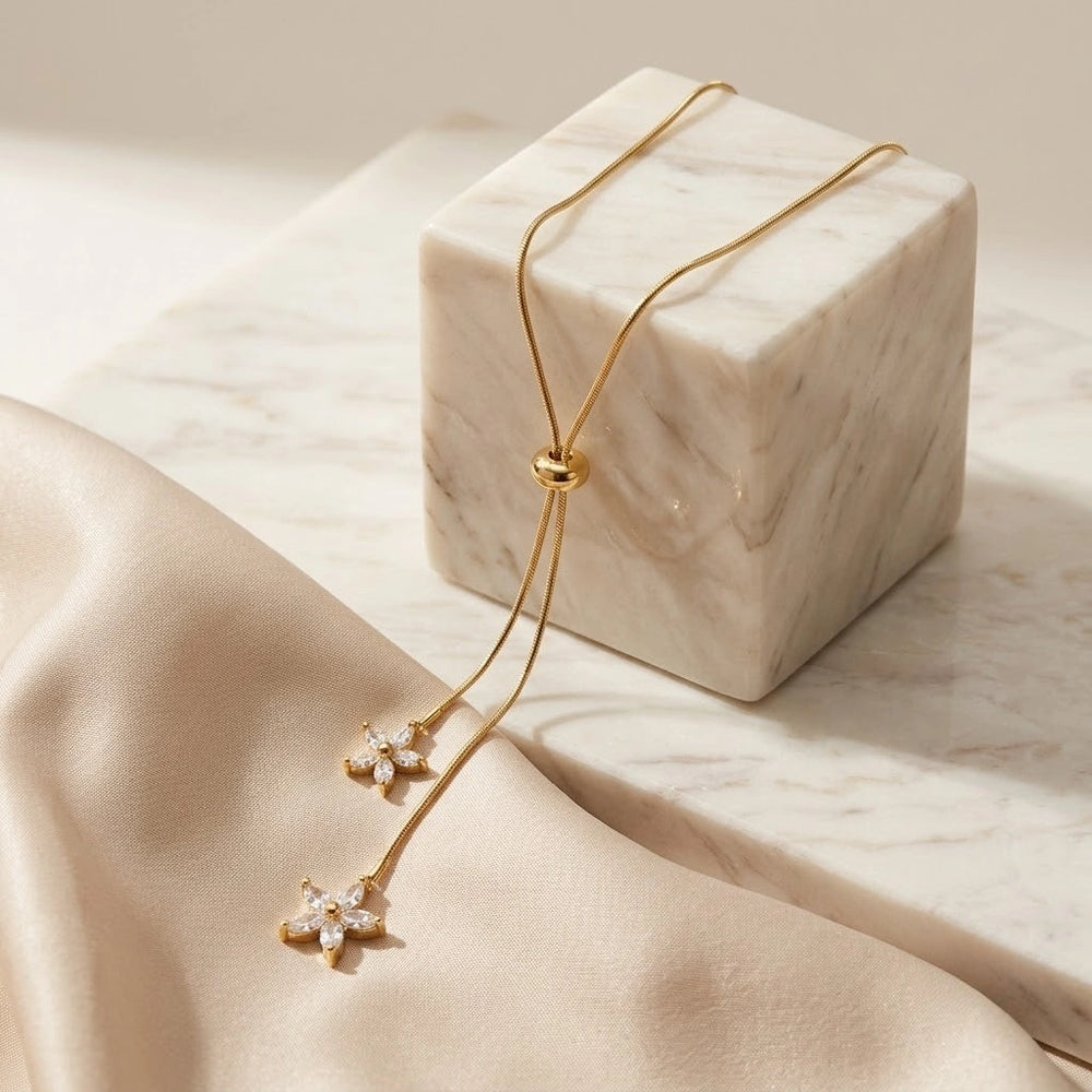 Dainty Floral Lariat Y-Necklace - Anti-Tarnish Gold Plated
