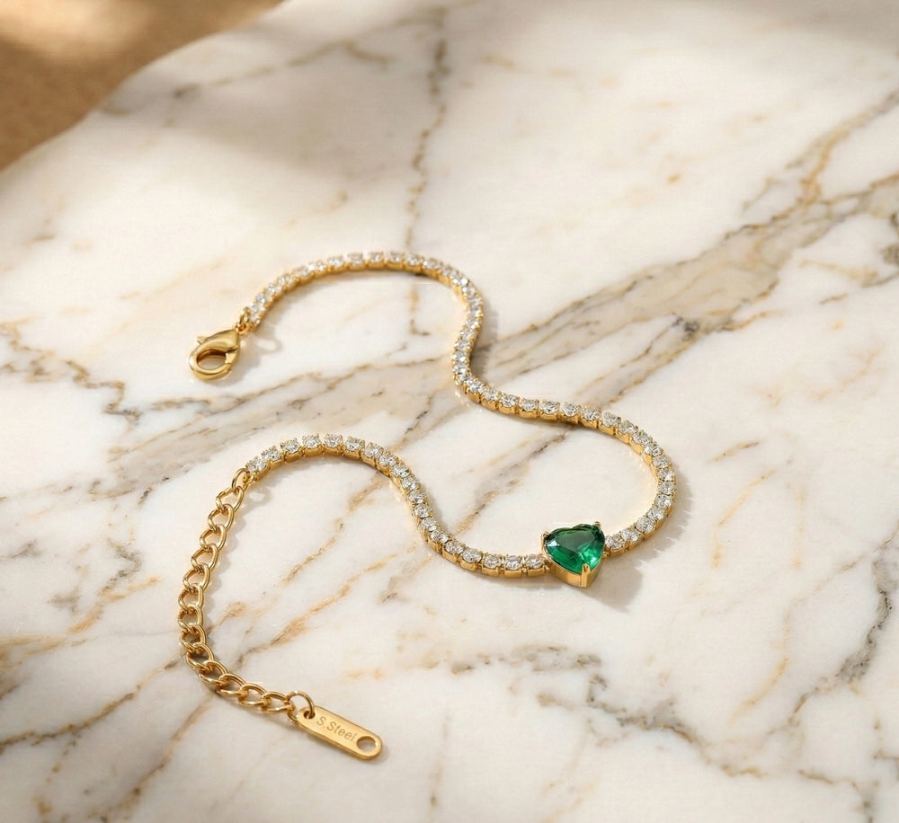 Emerald Green Heart Tennis Bracelet - Anti-Tarnish Gold Plated