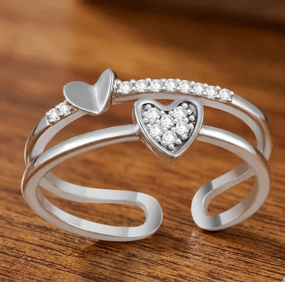 Double Layered Heart Adjustable Fashion Ring - Silver Finish Crystal Open Ring for Women