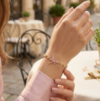 Tulip Pink Flower and Dragonfly Anti Tarnish Gold Plated Bracelet for Women