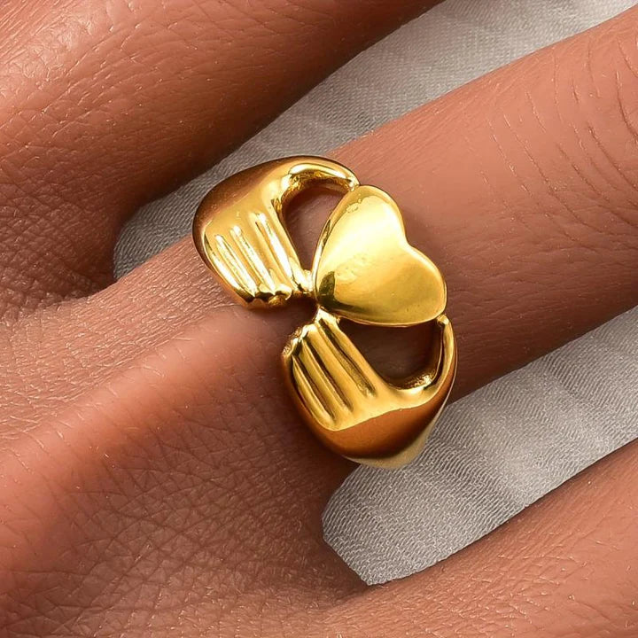 Hugging Hands Heart Gold Plated Ring – Anti-Tarnish & Adjustable Korean Style Band