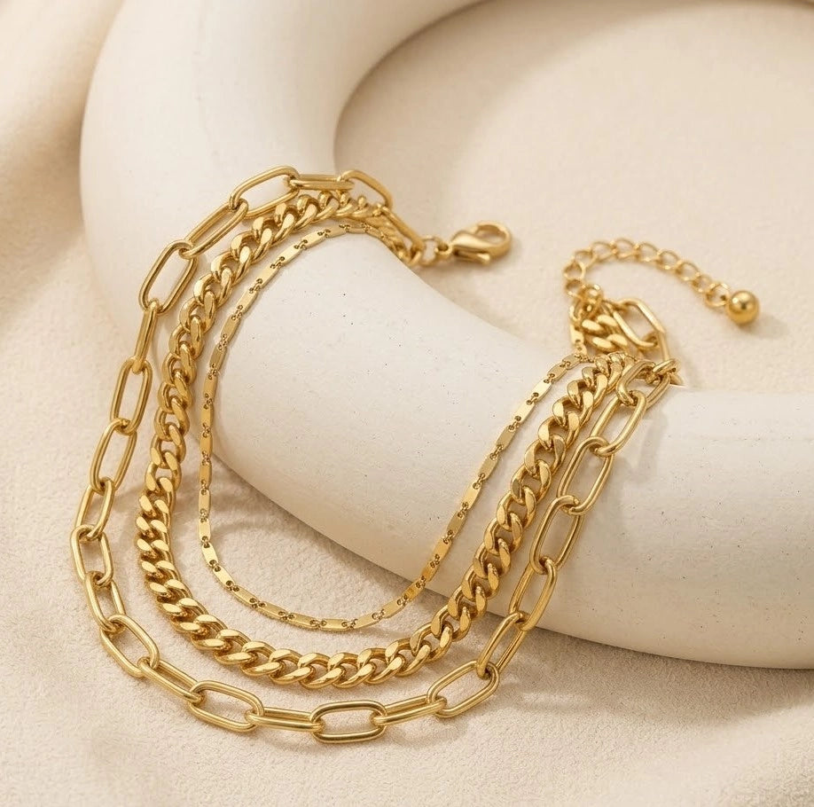 Triple Layered Mixed Link Anti-Tarnish Bracelet for Women
