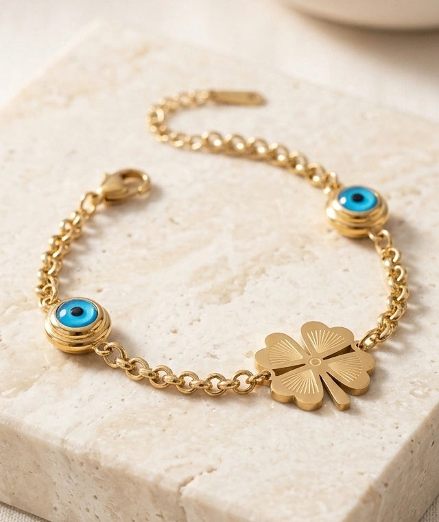 Four Leaf Clover & Evil Eye Charm Bracelet - Anti Tarnish Gold Plated