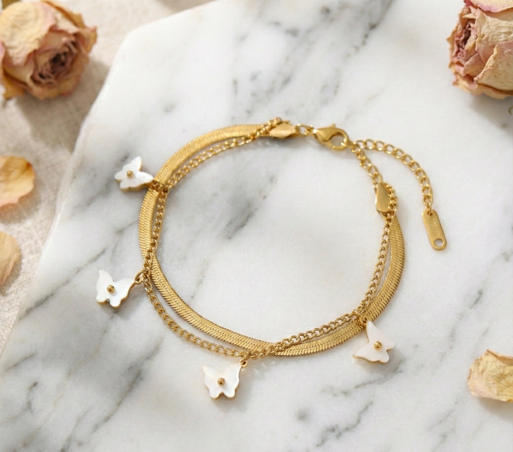 Korean White Floral Double Layer Bracelet | Anti-Tarnish Gold-Plated