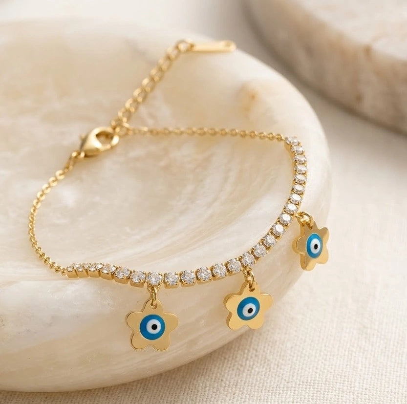 Triple Flower Evil Eye Charm Bracelet with Zirconia - Anti Tarnish