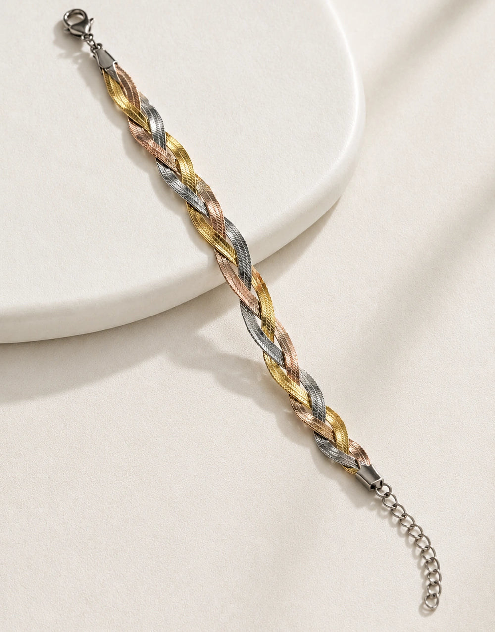 Tri-Color Braided Herringbone Bracelet - Anti-Tarnish Gold Plated