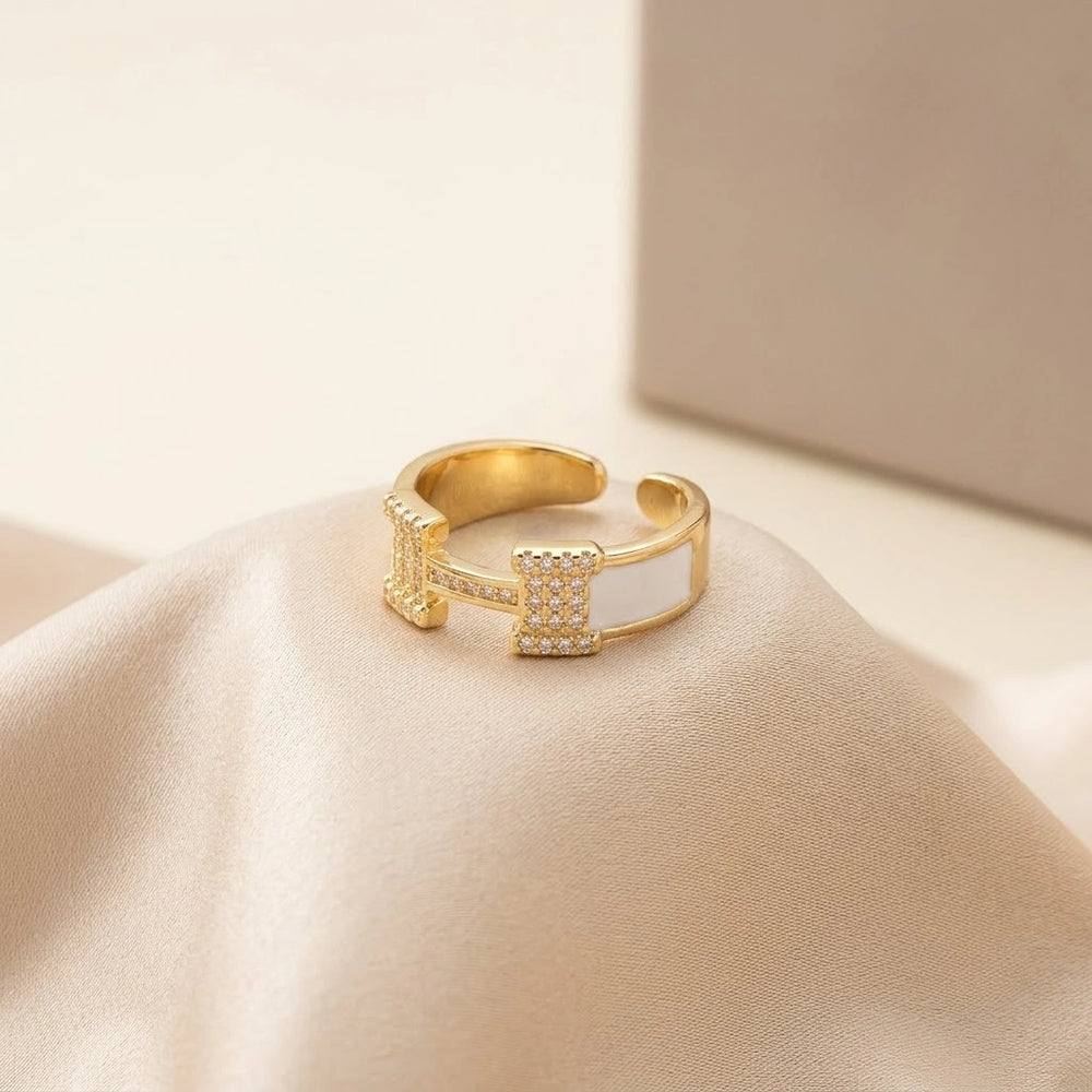 Anti-Tarnish Gold Plated White Enamel H Ring - Adjustable Minimalist Design