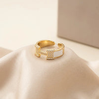 Anti-Tarnish Gold Plated White Enamel H Ring - Adjustable Minimalist Design