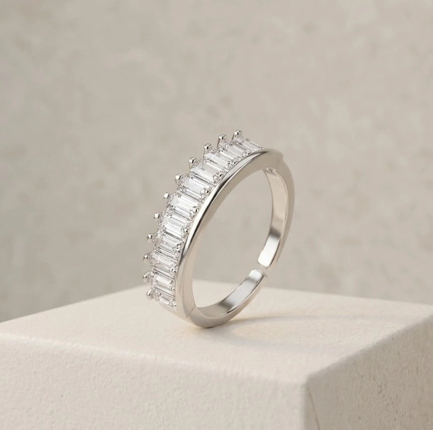 Baguette Crystal Adjustable Silver Fashion Ring
