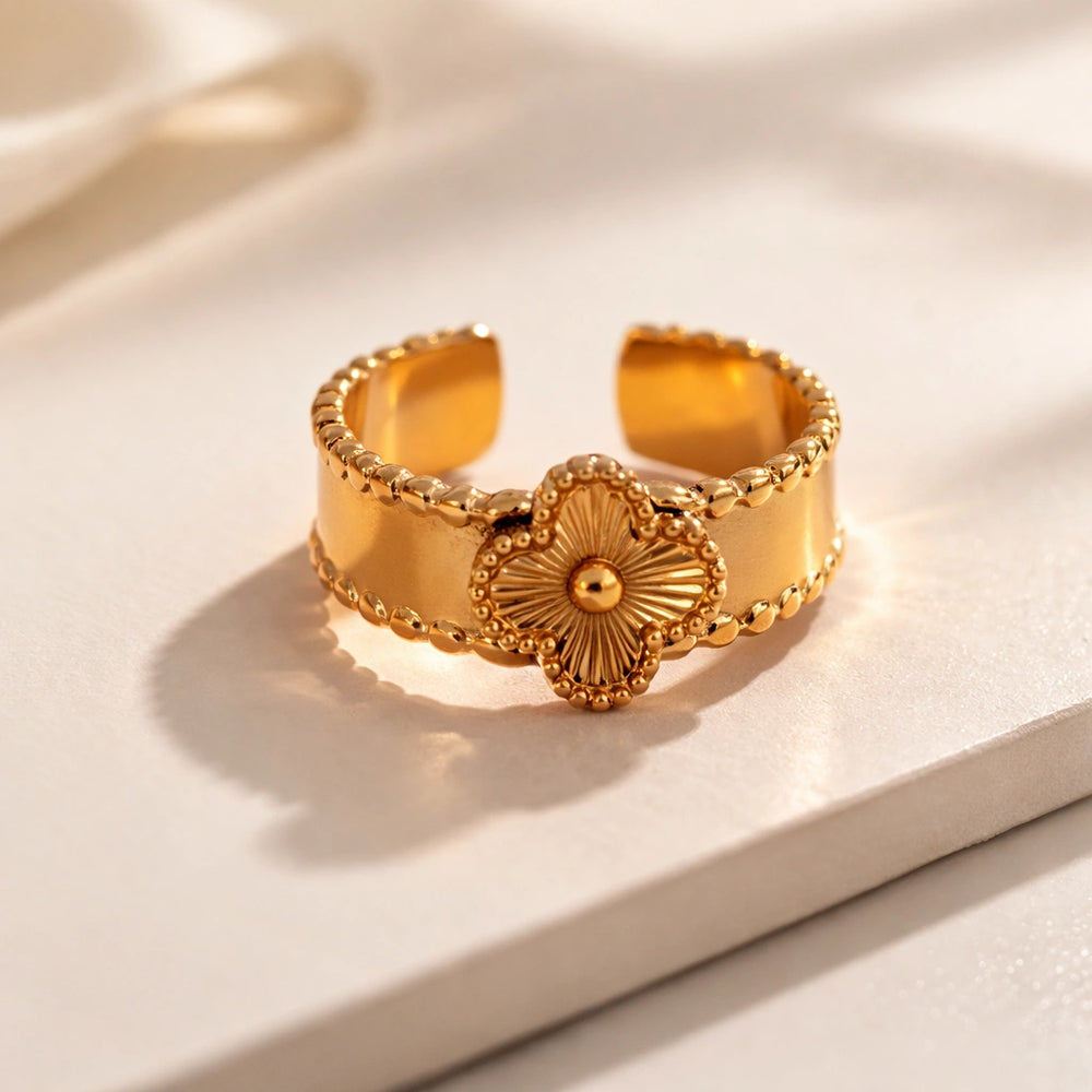 Anti-Tarnish Gold Plated Clover Motif Ring - Adjustable Floral Band