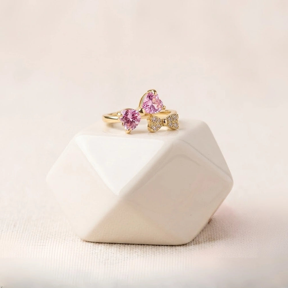 Pink Heart Bow Ring - Anti-Tarnish Gold Plated Adjustable Ring