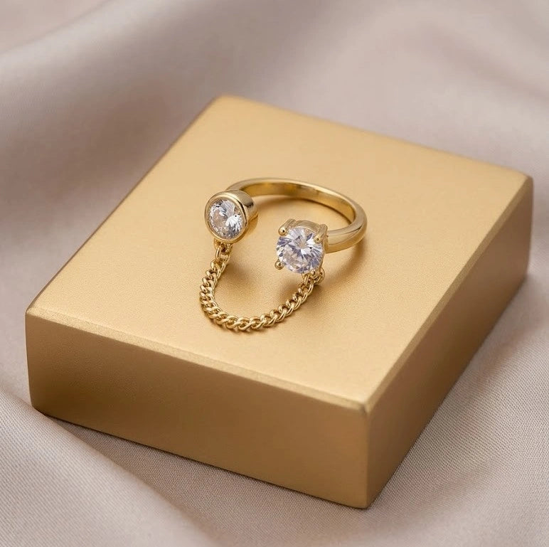 Dual Stone Chain Link Open Ring - Anti Tarnish Fashion Jewelry