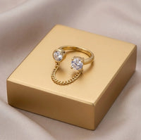 Dual Stone Chain Link Open Ring - Anti Tarnish Fashion Jewelry