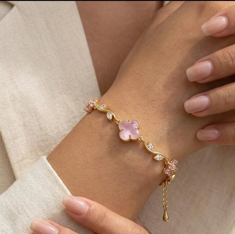 Tulip Pink Blossom Flower Crystal Anti Tarnish Gold Plated Bracelet