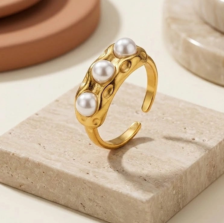 Textured Triple Pearl Anti-Tarnish Ring - 18K Gold Plated Adjustable Band