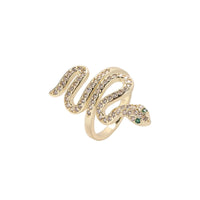 Snake Ring Gold Plated with Emerald Green Eyes – Anti-Tarnish Adjustable Serpent Statement Ring for Women