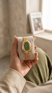 Vintage Emerald Green Oval Dial Anti-Tarnish Gold Plated Watch