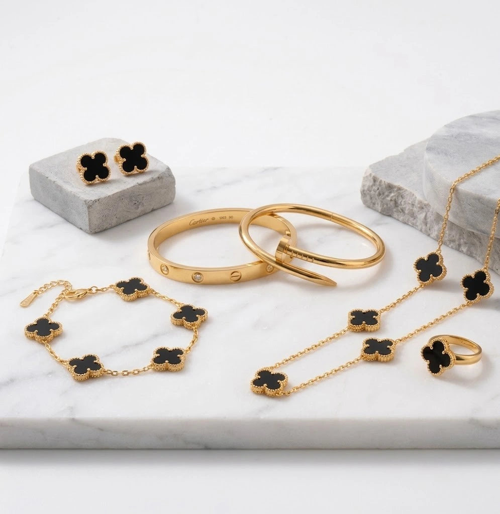 Old Money Black Clover 6-Piece Jewelry Set - Anti-Tarnish Gold Plated