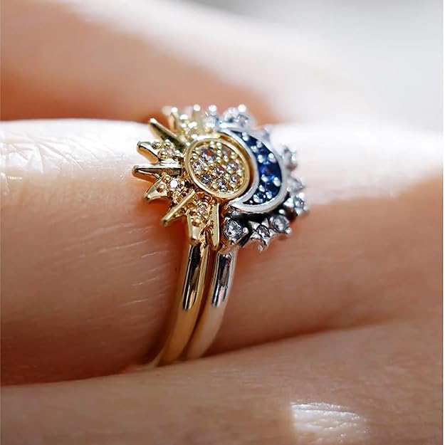 Sun & Moon Celestial Stackable Ring Set | Dual-Tone Fashion Jewelry