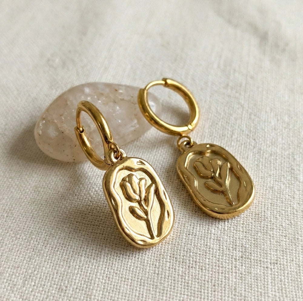 Vintage Floral Embossed Hoop Earrings - Anti-Tarnish Gold Plated